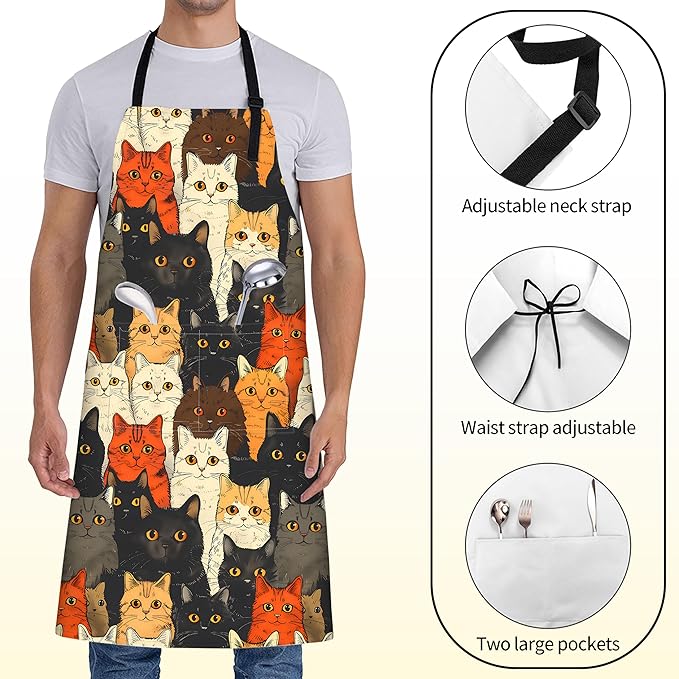Cute Cat Faces Apron for Women,28x33in,Fun Kitten Kitchen Aprons with 2 Pockets,Oxford Fabric,Animal Playful Adjustable Apron for Cooking Baking Gardening Chef,Gifts for Mom Wife