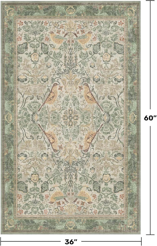 Boho Large Entryway Rugs Indoor - Sage Green 3x5 Washable Rugs for Kitchen Bedroom Beside Bed Laundry Room Door Mat Indoor Entrance with Light Green Woodland Flowers, Non Slip Stain Resistant Low Pile