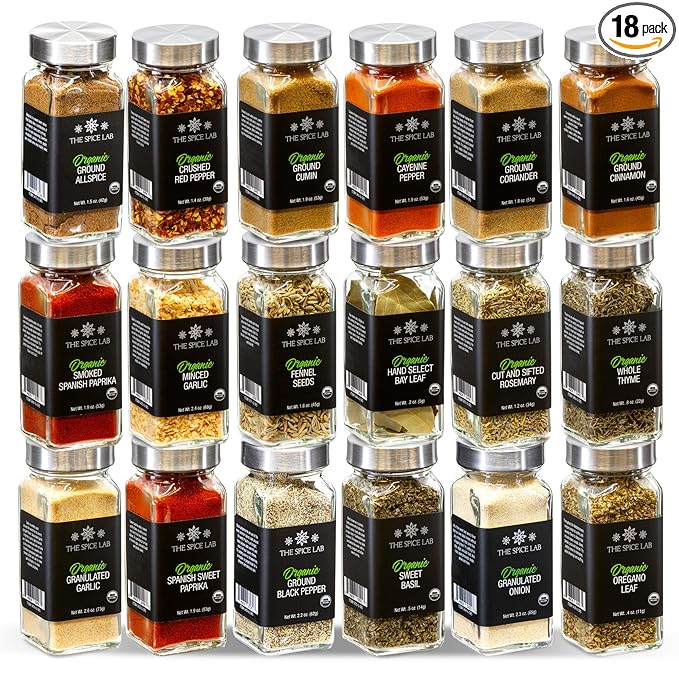 The Spice Lab Complete Organic Spices and Seasonings Set - 18 Jar Spice Kit Variety Pack - Complete Starter Set Great BBQ, Grilling and Gift Sets - Ultimate Culinary Cooking Spices Set