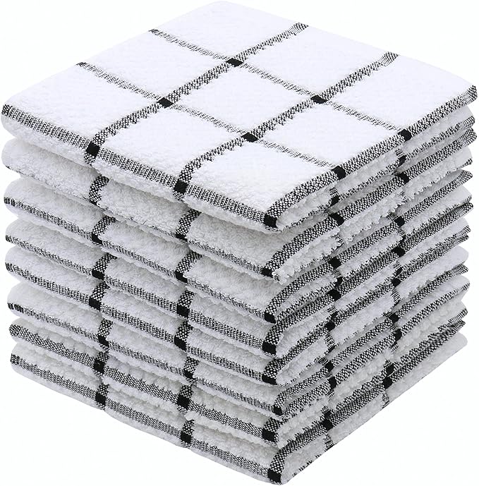 Cotton Dish Towels for Kitchen, Terry Dish Cloths for Washing Dishes, 12 x 12 Inches, Light and Soft, Quick Drying Dish Rags for Cleaning, 8pc/Set (Black)
