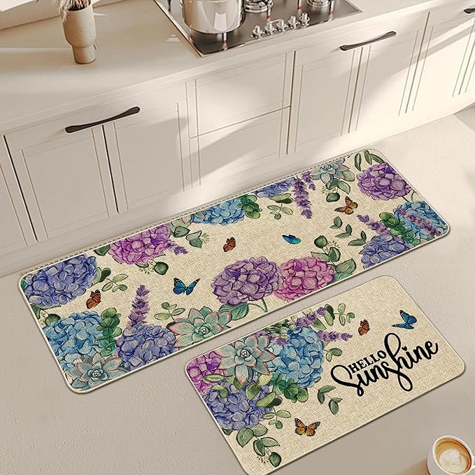 Spring Kitchen Rug and Mat Set of 2 Hydrangea Flowers Floor Mat Non Slip Rubber Backing Low-Profile Kitchen Rugs for Floor Summer Kitchen Decor for Home Bath Office- 17x29 and 17x47 Inch