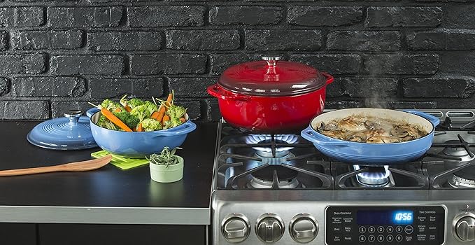 Lodge 3 Quart Enameled Cast Iron Dutch Oven with Lid – Dual Handles – Oven Safe up to 500° F or on Stovetop - Use to Marinate, Cook, Bake, Refrigerate and Serve – Island Spice Red