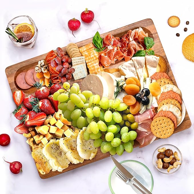 Acacia Wood Cutting Board for Kitchen, 1.5” Thick Chopping Board with Juice Groove, Sorting Compartment Charcuterie Board, 16x12x1.5 Inch Butcher Block