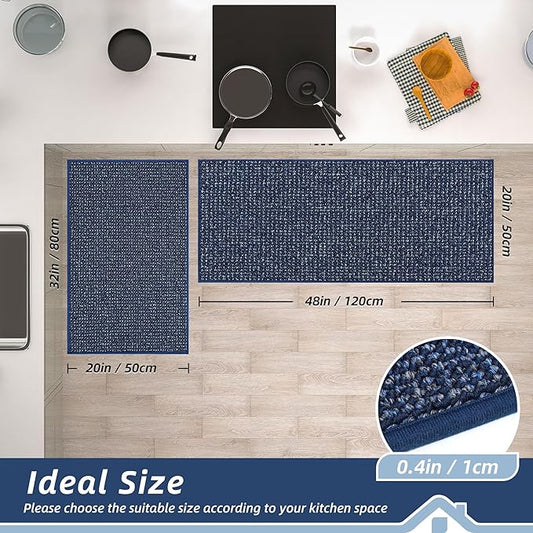 BEQHAUSE Kitchen Rugs and Mats 2PCS, Non-Slip Kitchen Mats for Floor, Absorbent and Stain Resistant Kitchen Runner, Machine Washable Rugs for Kitchen, Laundry & Sink, 20"x32"+20"x48", Blue
