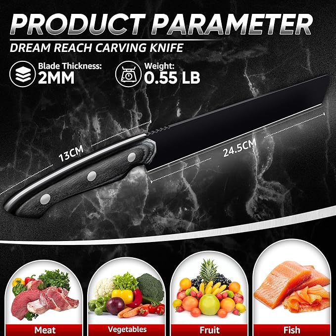 Dream Reach Brisket Carving Knife - Professional Ham Slicing Knife with Full Tang Handle for Kitchen BBQ Birthday Mother Father Gift Idea