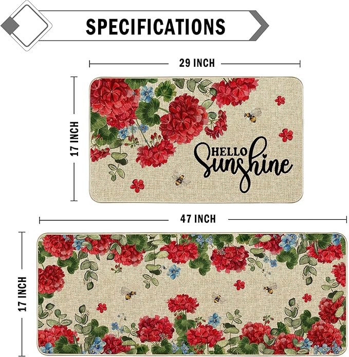Geranium Spring Kitchen Mats for Floor Set of 2, Geranium Flower Summer Floor Mats, Non Slip Rubber Backing Kitchen Floor Mat and Rug Set for Kitchen Sink, Office, Laundry