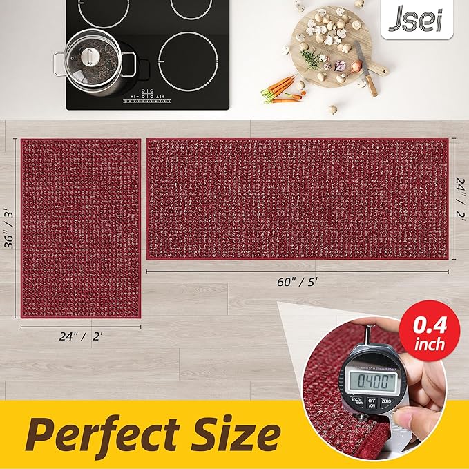 JSEI Kitchen Rugs and Mats, 2PCS Non-Slip Kitchen Mats for Floor, Machine Washable Absorbent and Stain Resistant Kitchen Runner, Carpet Mats with TPR Backing for, 24''x36''+24''x60'', Red