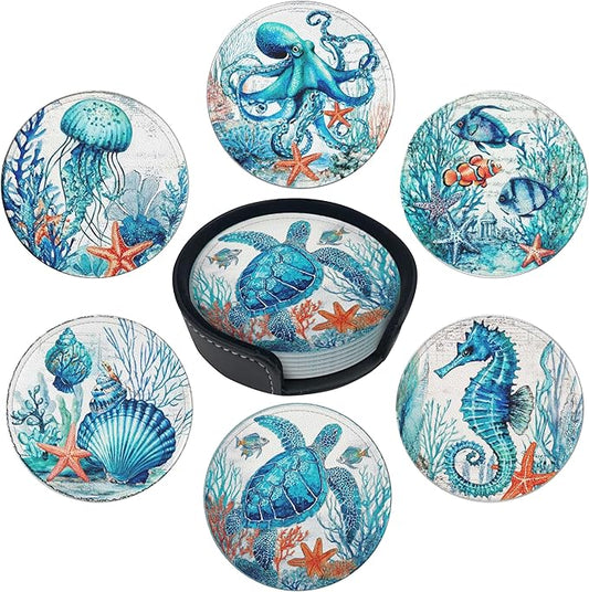 Sea Coasters Leather Round Drink Coasters 6 Pcs Set with Holderor for Cup Drink Coffee Table Bar Home Decor