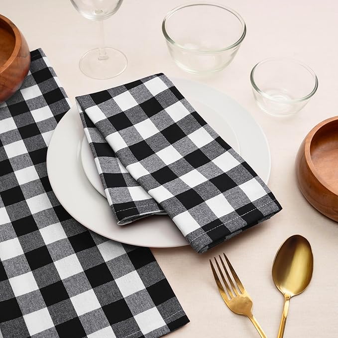 Blue Needles Gingham Buffalo Plaid Cloth Napkins 100% Cotton Set of 12 Dinner Table Napkins 18x18 inch Soft, Reusable, Washable Perfect for Wedding Parties & Everyday Use - Black and White