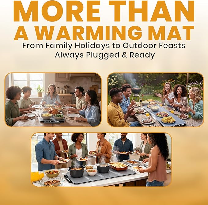 Lalush'e Electric Food Warming Mat, XXL 36x15" - Portable Food Warmer for Parties, Hosting & Buffet Serving Foldable Graphene Heating Tray with 7 Temp Settings, Spoon Rest and Travel Isolation Pad
