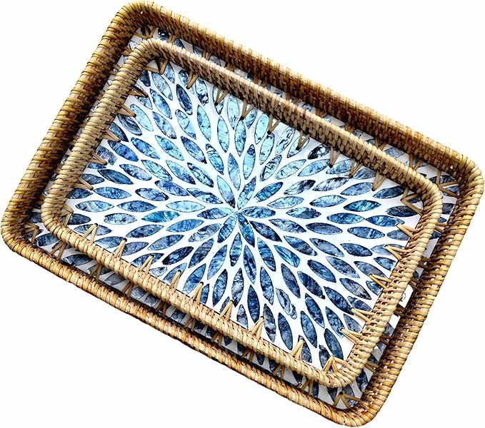 Boho Decorative Serving Trays Set of 2, Wicker Rectangle Trays with Mother of Pearl Inlay for Counter Top, Coffee Table Decor, Farmhouse Vanity Tray and Home Organization