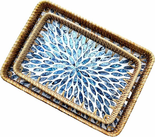 Boho Decorative Serving Trays Set of 2, Wicker Rectangle Trays with Mother of Pearl Inlay for Counter Top, Coffee Table Decor, Farmhouse Vanity Tray and Home Organization