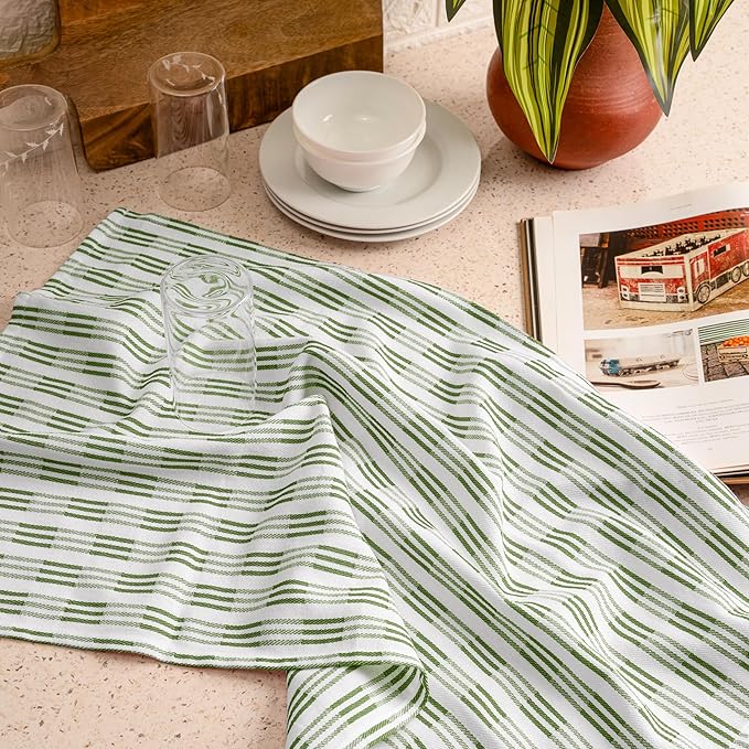 Premium Kitchen Towel Set of 6-100% Cotton Quick-Drying & Absorbent Dish Cloths - 18x28 Inch, Farmhouse Tea Premium Towels with Green Stripes, Twill Weave