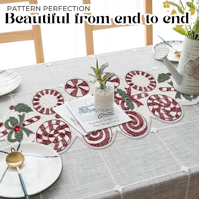 Luxury Beaded Runner 36 inch- Premium 13x36 Inch Candy Beaded & Polyester Christmas Beaded Runner - Decor for Home, Dining Tables, Weddings & Holiday Celebrations (White Red Green) - ALPHA Living HOME