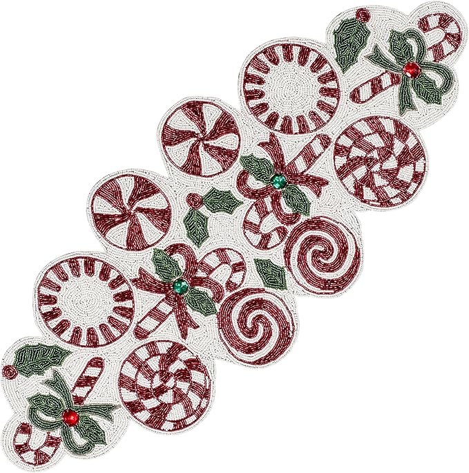 Luxury Beaded Runner 36 inch- Premium 13x36 Inch Candy Beaded & Polyester Christmas Beaded Runner - Decor for Home, Dining Tables, Weddings & Holiday Celebrations (White Red Green) - ALPHA Living HOME