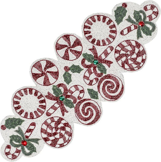Luxury Beaded Runner 36 inch- Premium 13x36 Inch Candy Beaded & Polyester Christmas Beaded Runner - Decor for Home, Dining Tables, Weddings & Holiday Celebrations (White Red Green) - ALPHA Living HOME