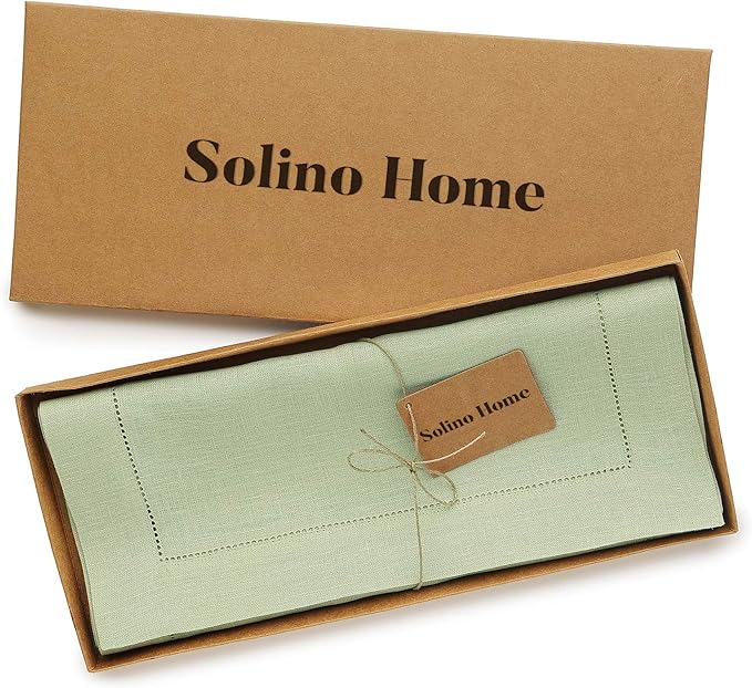 Solino Home Linen Sage Green Table Runner 144 Inches Long - 100% Pure Linen Extra Long Table Runner 14 x 144 Inch for Spring, Easter, St Patricks Day - Classic Hemstitch