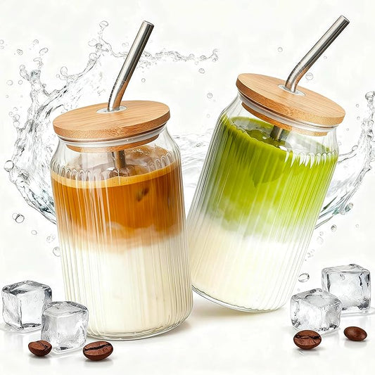 2 Packs Ribbed Glass Tumbler with Lid and Straw 16 oz Vintage Ice Coffee Cup Set Bulk Simple Smoothie Juice Matcha Tea Water Slushie Clear Hot Drink Glasses Travel Mug Modern Kitchen Glassware