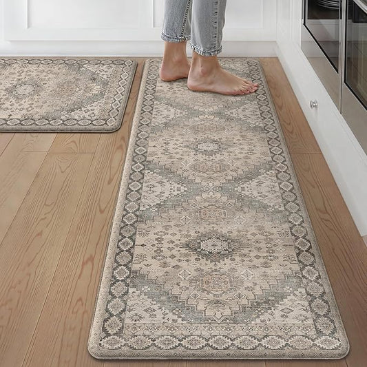 GENIMO Kitchen Mats for Floor, 2PCS Kitchen Rugs Non Slip Washable, Waterproof Anti Fatigue Mat, Comfort Standing Runner Rug for Sink, Office, Laundry, Home, 17.3"x59"+17.3"x30", Brown