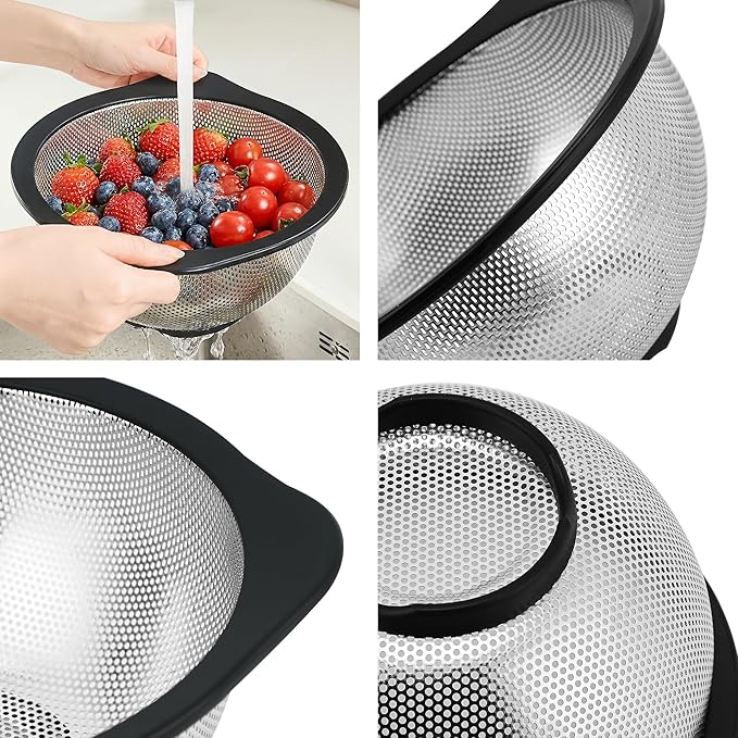 Rorence Colander Set, Stainless Steel Colanders with Non Slip Silicone Handles & Base, 2.5 & 4.3 Qt Dishwasher Safe Colander for Kitchen, Pasta, Vegetables, Fruits, Home Cooks & Families