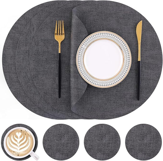 Homaxy Round Faux Leather Placemats and Coasters, Washable Dual-Side Table Mats, Wipeable Heat-Resistant Dining Place Mats for Outdoor and Indoor, Set of 4, Diameter 13 and 3.93 inch, Dark Grey