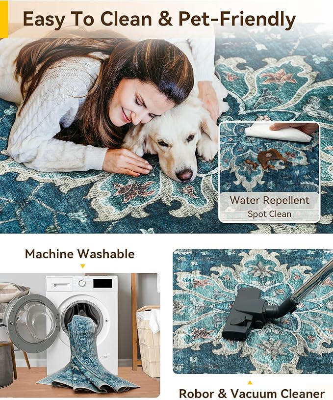 Area Rugs 3'x9' Runner Rug Non Slip Washable for Kitchen Hallway Bedroom Beside Laundry Room Bathroom Rug, Floor Carpet, Teal Green Lake Blue Turquoise