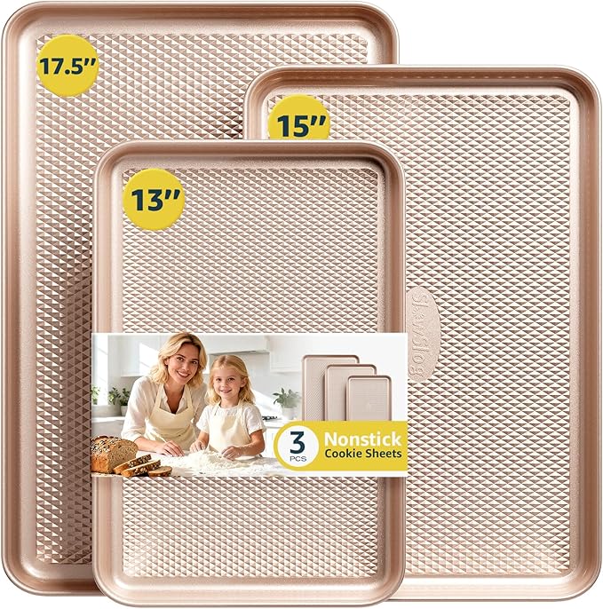 Slow Slog 3Pcs Baking Sheet Pan Set, Large Nonstick Cookie Sheets Set, Jelly Roll Pans, Heavy Duty Carbon Steel Cookies Sheet for Oven, Diamond Texture, Gold