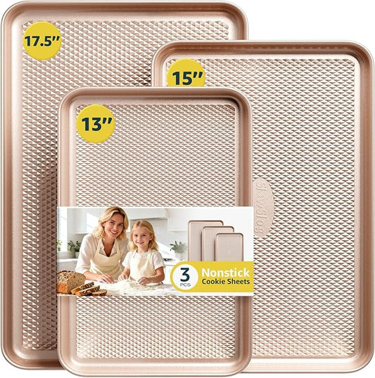 Slow Slog 3Pcs Baking Sheet Pan Set, Large Nonstick Cookie Sheets Set, Jelly Roll Pans, Heavy Duty Carbon Steel Cookies Sheet for Oven, Diamond Texture, Gold