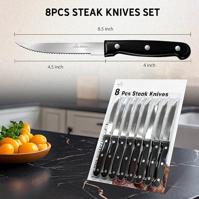 Upgraded Steak Knives Set of 8, Uncoated Stainless Steel Serrated Steak Knife Set, 4.5 Inch Steak Knife with Ergonomic Handle and Sharp Blades, Dishwasher Safe Dinner Knives for Kitchen, Restaurant
