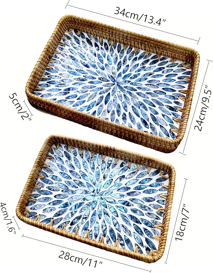 Boho Decorative Serving Trays Set of 2, Wicker Rectangle Trays with Mother of Pearl Inlay for Counter Top, Coffee Table Decor, Farmhouse Vanity Tray and Home Organization