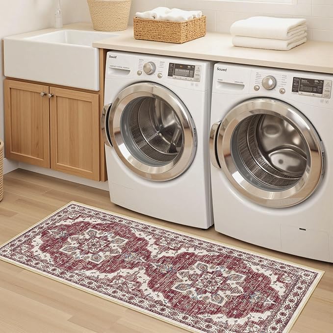 Tritard Non Slip Kitchen Rugs Sets of 3 Washable Kitchen Rug Boho Kitchen Mats for Floor Soft Kitchen Runner Rug Non Skid Kitchen Floor Carpet for Entryway Hallway Laundry Room, Brick Red