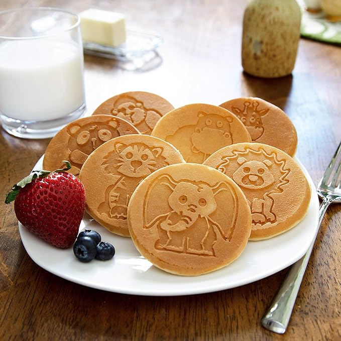 Animal Mini Pancake Pan- Make 7 Unique Flapjack Zoo Animals, Includes Elephant, Giraffe and More- Nonstick Pan Cake Maker Griddle for Morning Breakfast Fun & Easy Cleanup- Easter Basket Stuffer Gift