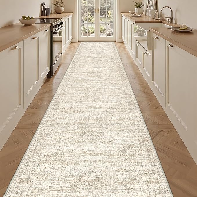 3x20 Washable Runner Rug for Hallway, Non-Slip Long Hallway Runner for Entryway, Soft Vintage Kitchen Mats for Floor, Abstract Dining Room, Bedroom, Living Room Rugs(3'x20', Beige/Ivory)