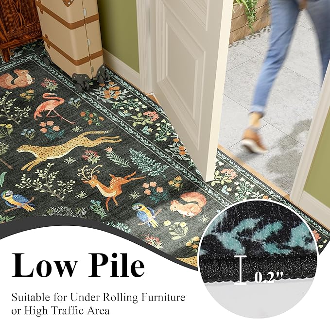 DUKINO 8x10 Rug, Washable Animal Living Room Rug with Non Slip Vintage Design, Soft Low Pile Large Carpet for Bedroom, Nursery, Dining Room, Farmhouse, Playroom, Black