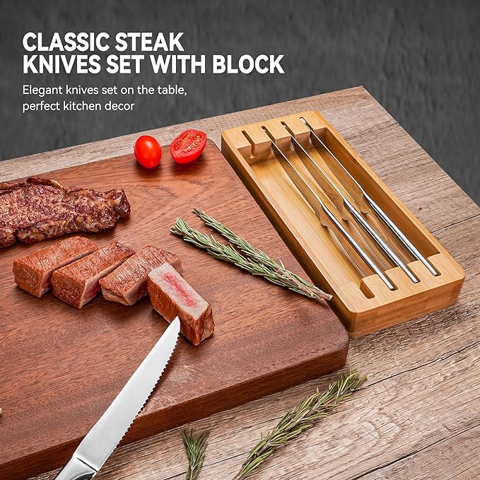 SuperCook Steak Knife Set of 12 with Block Holder, Serrated Steak Knife with Bamboo Storage Box Drawer Insert Organizer, Dishwasher Safe, Silver