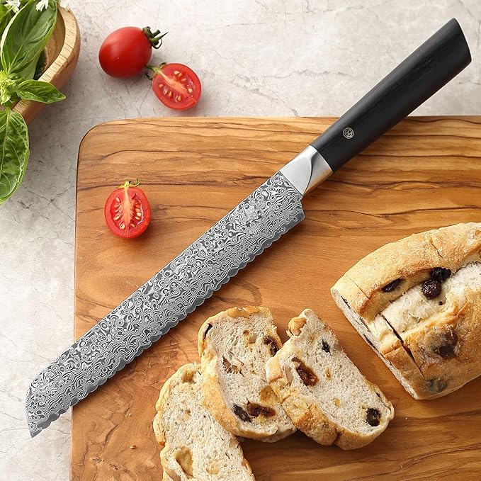zayiko Black Edition Bread knife 8-inch blade extremely sharp from 67 layers I Damascus kitchen knives and professional chef's knives made of genuine Japanese Damascus with Pakka wood
