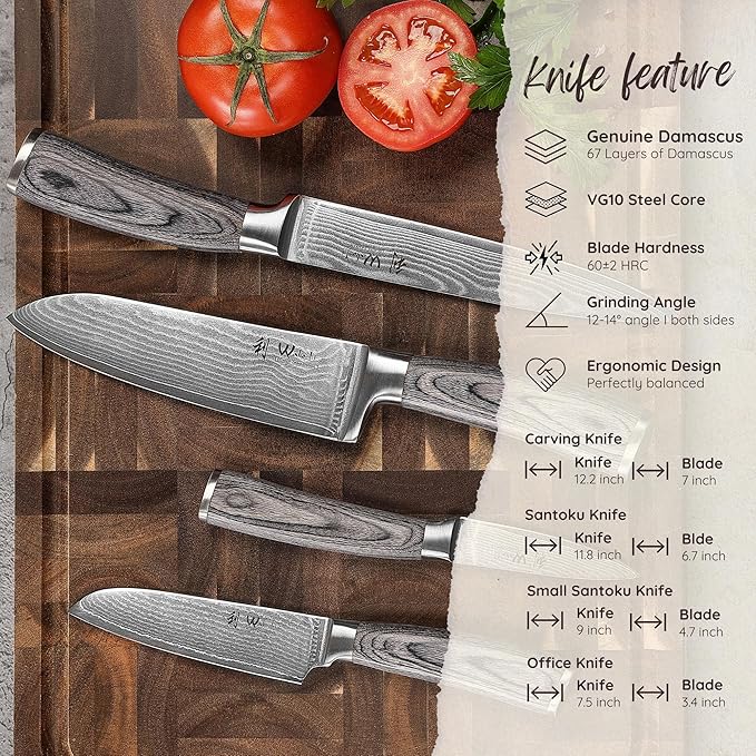Wakoli EDIS 4-Piece Damascus Knife Set – Professional Kitchen Knife Set with VG10 Core Blades, 67-Layer Damascus Steel and Ergonomic Pakkawood Handles – Premium Kitchen Knives in Gift Box