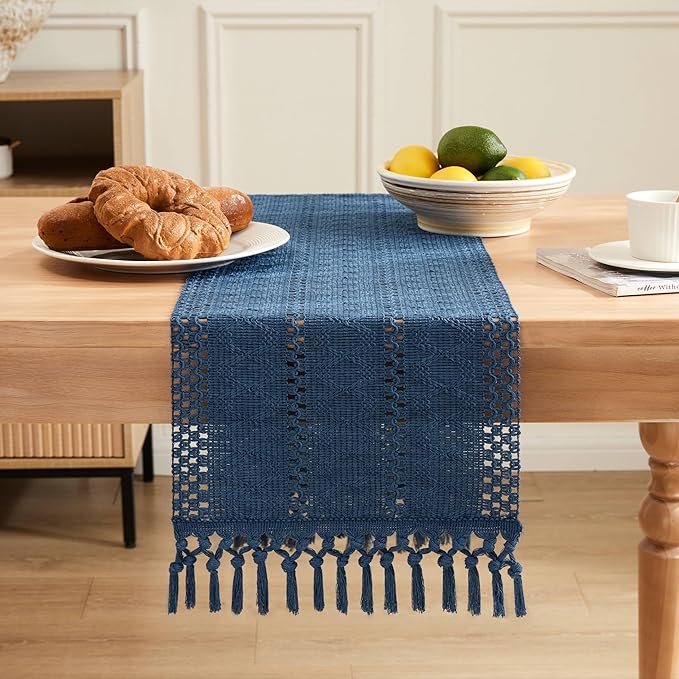 ZeeMart Macrame Style Boho Table Runner, Blue Table Runners 36 Inches Long, Farmhouse Woven Home Decor, 12x36 Inch, Dusty Blue