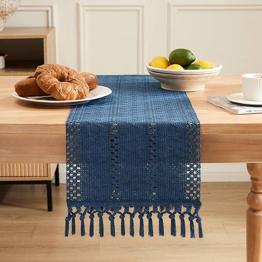 ZeeMart Macrame Style Boho Table Runner, Blue Table Runners 72 Inches Long, Farmhouse Woven Home Decor, 12x72 Inch, Dusty Blue