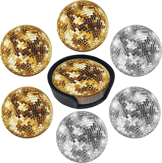 Ball Coasters Leather Round Drink Coasters 6 Pcs Set with Holderor for Cup Drink Coffee Table Bar Home Decor