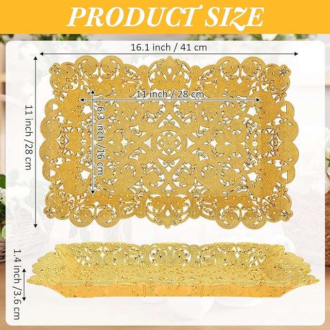 LemonRoad 10 Pcs Gold Plastic Serving Trays 16.1"x11" Decorative Hollow Lace Rectangle Platters Reusable Tea/Coffee/Dessert/Fruit Trays for New Year Holiday Wedding Birthday Party Table Decor