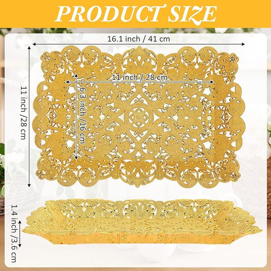 LemonRoad 10 Pcs Gold Plastic Serving Trays 16.1"x11" Decorative Hollow Lace Rectangle Platters Reusable Tea/Coffee/Dessert/Fruit Trays for New Year Holiday Wedding Birthday Party Table Decor