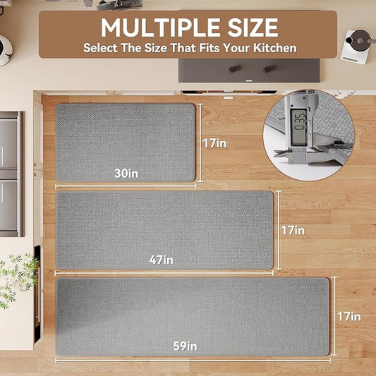 Kitchen Mat Kitchen Rugs Sets of 2 PCS Non Slip Washable, Linen-Like 0.3" Thick Cushioned Absorbent Kitchen Mats for Floor, Mild Anti-Fatigue Sink Laundry Standing Mat, Gray 17"x30"+17"x47"