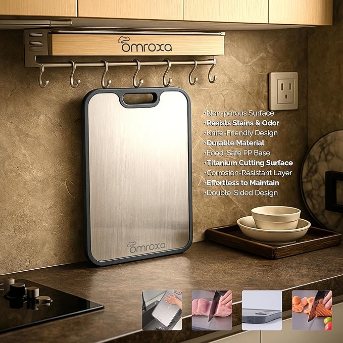 Titanium Cutting Board, Double-Sided Kitchen Chopping Board with Juice Groove, Food-Grade Titanium Surface & Wheat-Straw PP, Non-Slip, Dishwasher Safe, Kitchen Gift Idea, 15.1×10.4 in