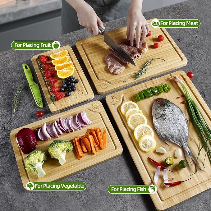 WILLKOMMEN 4-Piece Bamboo Cutting Boards for Kitchen, Chopping Board Set with Food Icon (Meat, Fish, Vegetables, Fruits) Butcher Block with Stands, Handles & Juice Grooves (Small, Medium, Large, XL)