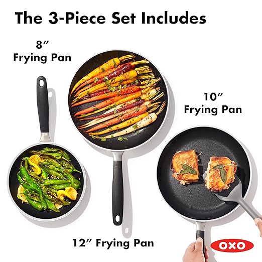 OXO Non-Stick Every Day Frying Pan Set, BPA-Free Comfort Grip Silicone Handles, Dishwasher & Oven Safe, PFAS-Free Ceramic Skillets, Black, 8”, 10” & 12”