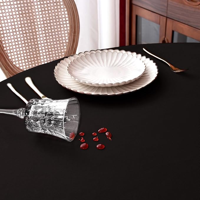 MEANMOY Black 210 GSM Water & Stain Resistant Round Tablecloth for Circle Table - Solid 108 Inch Table Cloth Cover in Wrinkle Free Durable Washable Polyester Fabric for Wedding, Party, Banquet