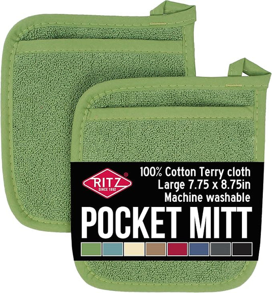 RITZ Terry Pocket Mitt & Hot Pad: Unparalleled Heat Resistant, Durable 100% Cotton – Ergonomically Designed for Optimal Grip – Easy-Care Machine Washable – 2-Pack, Cactus
