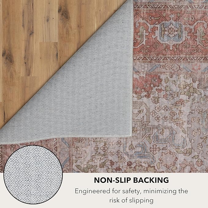 Kuden 2'6"x7' Runner Rug, Machine Washable Area Rug with Non-Slip Backing, Vintage Style, Soft, Easy Clean, Low Pile Rug for Hallway, Entryway, Kitchen, Bedroom