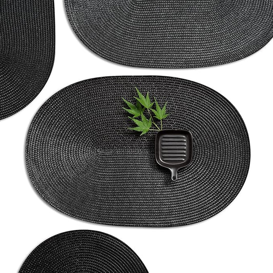 AHHFSMEI Placemats Set of 8 for Dining Table Washable Woven Non-Slip 18x12 inches Placemat Heat-Resistant Durable Table Mats for Dining Table Easy to Clean (Black, 8)